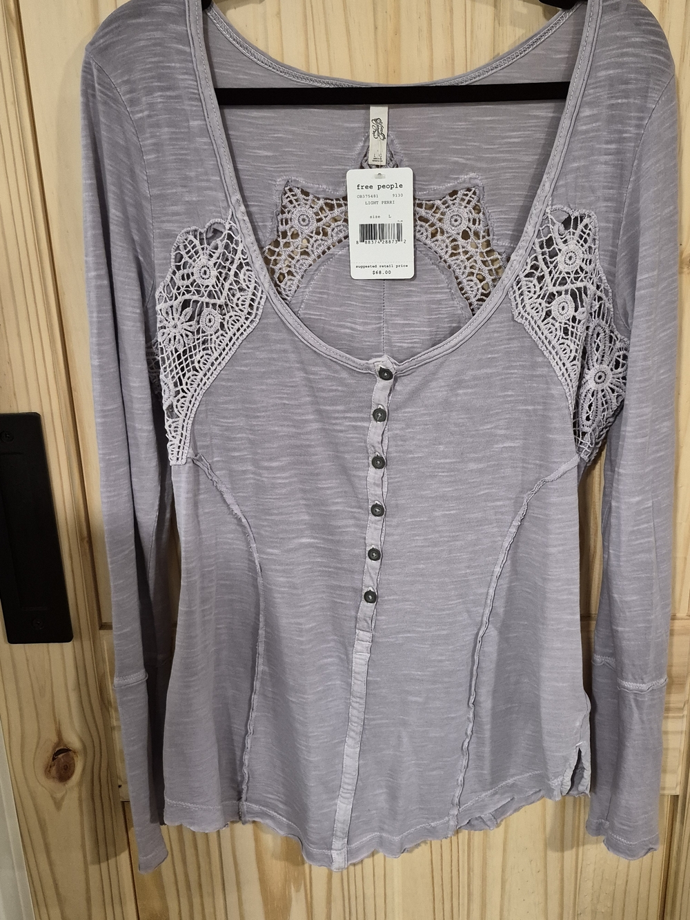 Free People Lavender Gray Lace-Panel Henley Long Sleeve Top